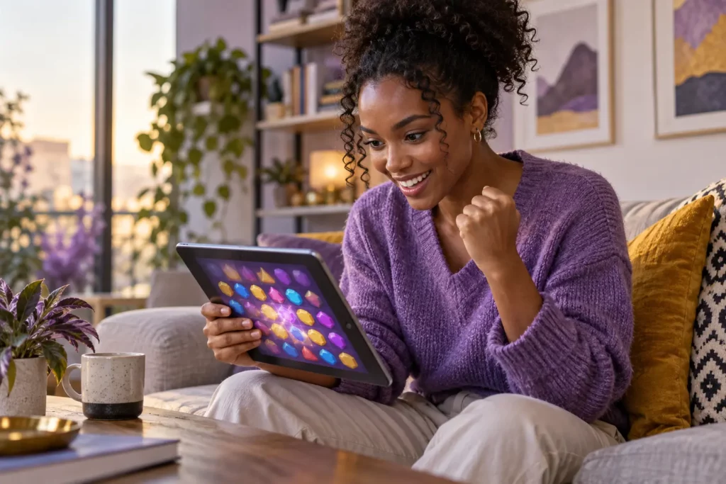 Joueuse satisfaite après avoir compris une stratégie de puzzle match-3